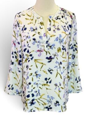 Daniel Rainn Women’s White Blue Floral Chiffon Button Sleeve Tunic Blouse Size M